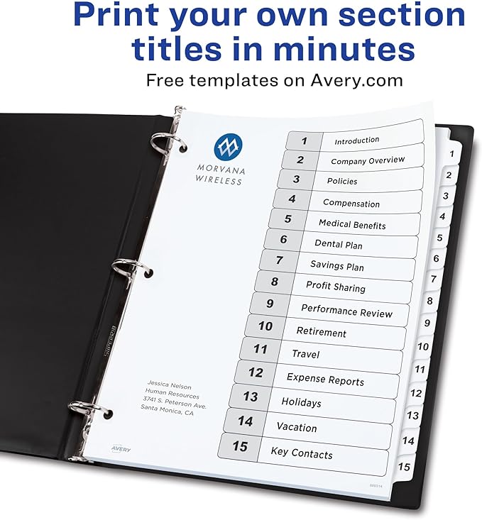 Avery Dividers for 3 Ring Binders, 15 Tabs per Set, Customizable Table of Contents, Classic White Tabs, Great for Organizing Reports, Projects, and More (3 Sets of 11079)
