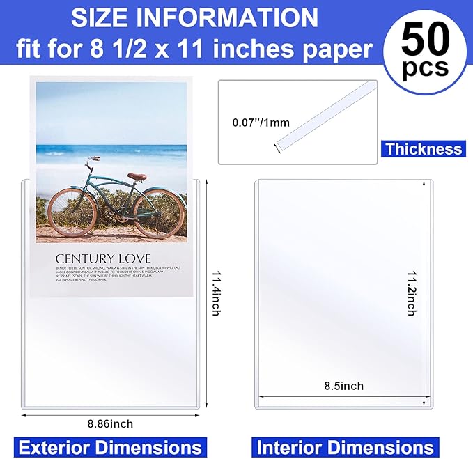 Teling 50 Pcs 8 1/2" x 11" Rigid Print Protectors Clear Rigid Sleeve Plastic Paper Page Protectors Clear Sheet Cover Photo Plastic Sleeve Hard Document Holder Birth Certificate Cover