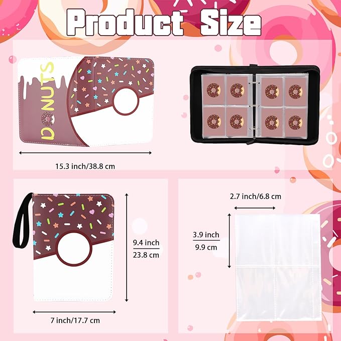 4 Pocket Card Binder 400 Card Holder Album, Pink Donut Trading Cards Holder Zipper Binder for Girl Teen Collection (Choco Donut, 400 Pocket)