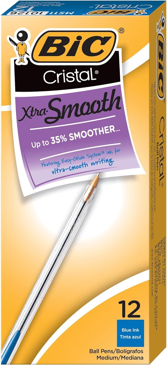 BIC Cristal Xtra Smooth Blue Ballpoint Pens, Medium Point (1.0mm), 12-Count Pack, Extra Smooth and Reliable Ballpoint Pens (Pack of 2)