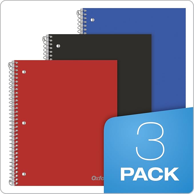 Oxford Spiral Notebooks, 1 Subject, College Ruled Paper, Durable Plastic Cover, 100 Sheets, Durable Divider Pocket, 3-Hole Punch, 3 Pack, Red, Black and Blue (10390)