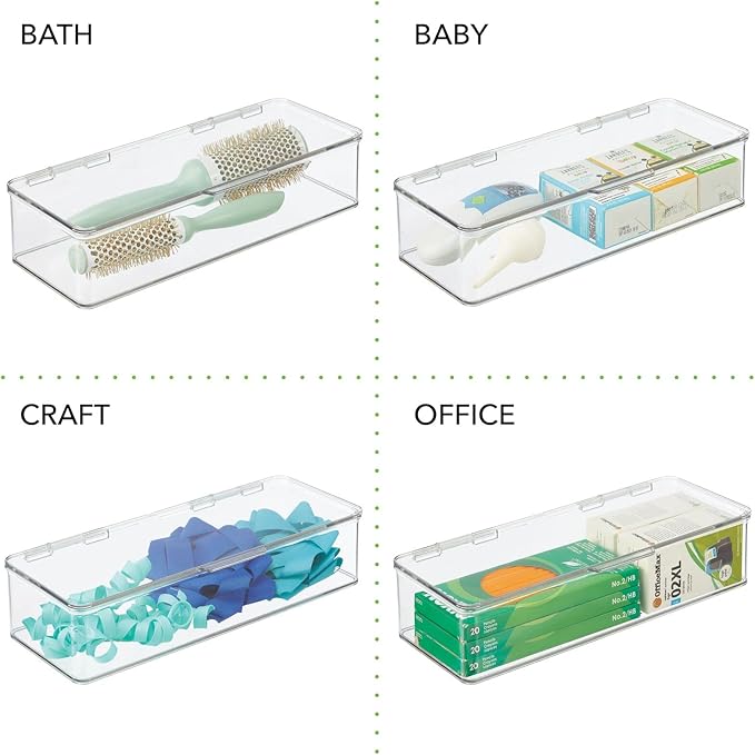 mDesign Office Supplies Desk Organizer Box with Lid for Staplers, Scissors, Pens, Sticky Notes, Highlighters, Tape - 3" Tall, Long, Clear