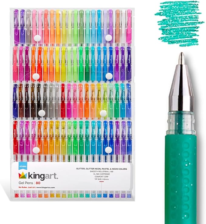 KINGART GLITTER Rollerball GEL PENS, 80 Sparkling Colors with Soft-Grip Comfort, XL Ink Cartridge - For Coloring, Doodling, Scrapbooking, Journaling and General Use, All Ages, 80 Pens