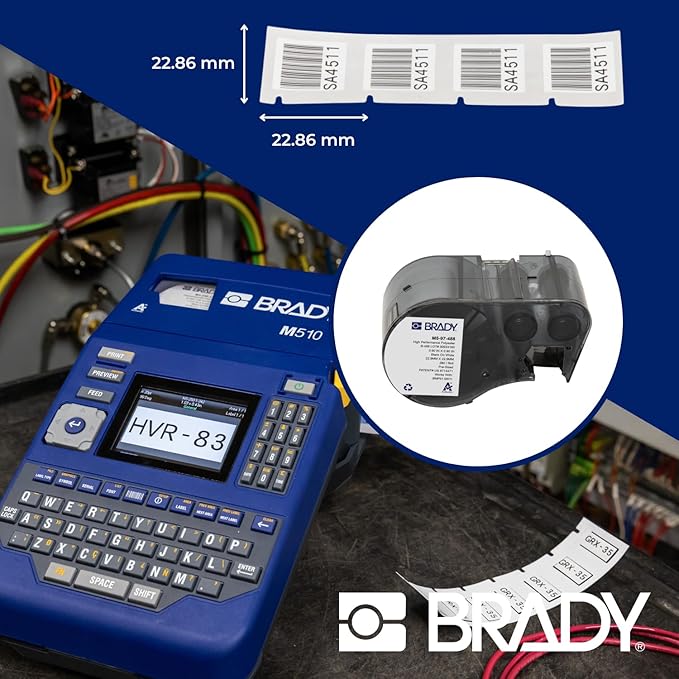 Brady Authentic (M5-97-488) Solvent Resistant Polyester Labels 0.9 in H x 0.9 in W Black on White, 280 Labels. for use with The BMP51 and M511 Label Printers