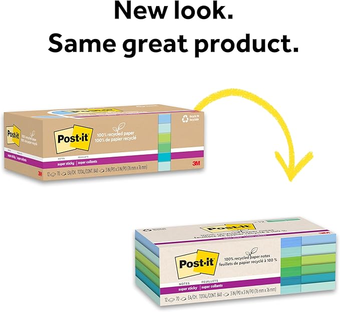 Post-it 100% Recycled Paper Super Sticky Notes, 3 in. x 3 in., 12 Pads, 70 Sheets per Pad, Oasis Collection, New Year Organization or Second Semester School Supplies