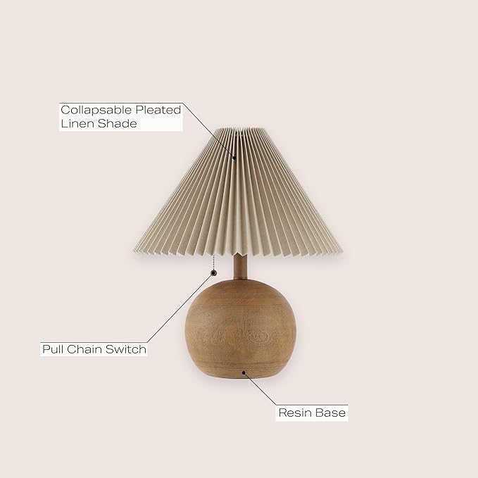 JONATHAN Y 17.25" Brown Wood Finish Sphere Table Lamp, Mid-Century Bedside Nightstand with Beige Pleated Linen Shade, Scandinavian Coastal Style, LED Bulb Included JYL1145A