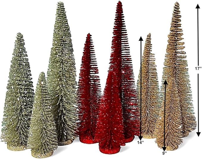 RAZ Imports Set of 3 Bottle Brush Trees – 17”, 14”, 9” Modern Christmas Holiday Winter Décor – Glittery Tabletop Mini Trees for Home Office Shelf Desk Mantel Fireplace Decoration (Champagne Green)