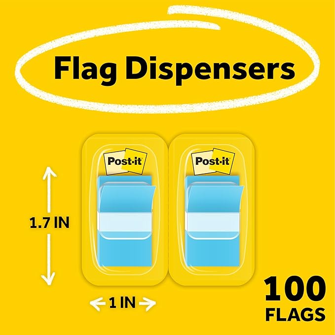 Post-it Flags, 1 in. x 1.7 in., Two Dispensers with 50-Count Bright Blue Sticky Tabs Per Dispenser (100 Flags Total), Removable Page Markers for Planners, Journals, and Calendars