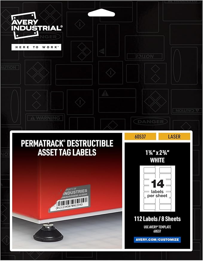 Avery White Asset Tag Labels, 1-1/4" x 2-3/4", Destructible Laser Printable Tags, 112 Waterproof Labels (60537)