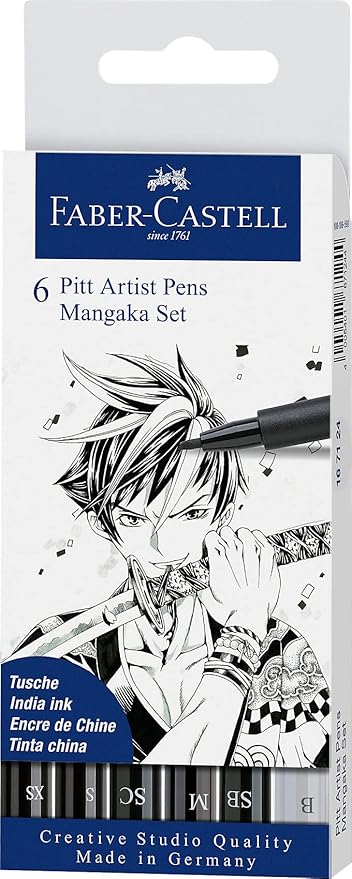Faber-Castell Pitt Artist Pen Mangaka Wallet - 6 India Ink Manga Illustration Artist Markers (Black & Grey)