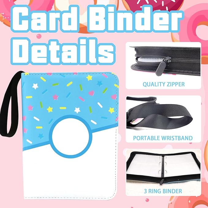 9 Pocket Card Binder 900 Card Holder Album, Pink Donut Trading Cards Holder Zipper Binder for Girl Teen Collection (Blue Donut, 900 Pocket)