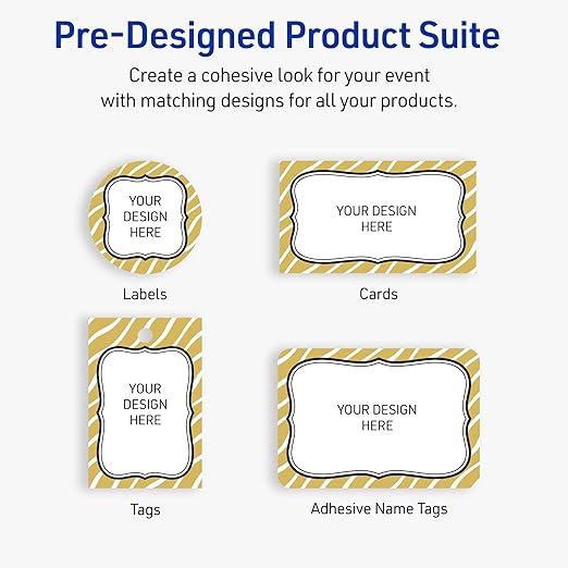 Avery Printable Adhesive Name Badges, 2-1/3" x 3-3/8", Pre-Printed Metallic Gold Zebra Pattern Design, Matte White, Laser & Inkjet Compatible, 80 Total