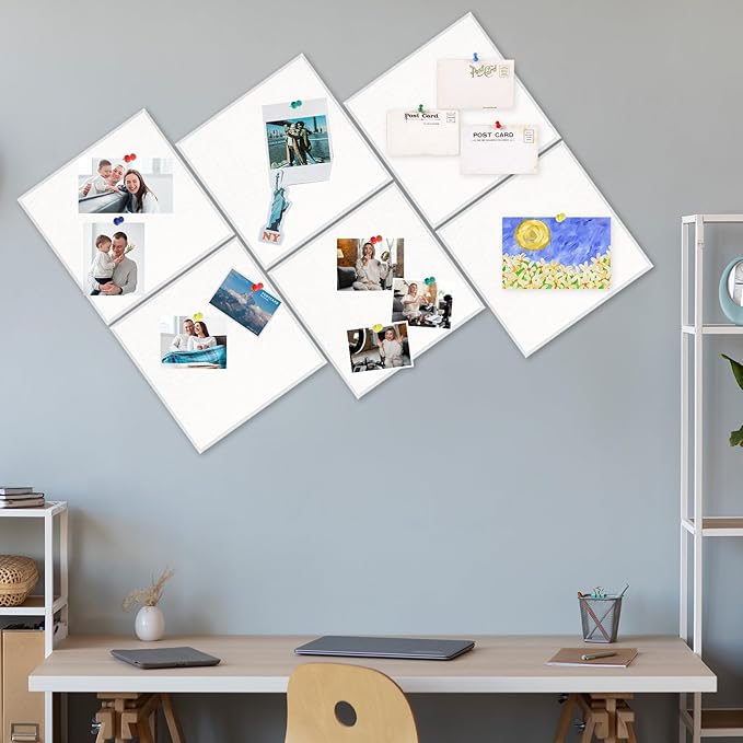 Large Cork Board 36" x 24", 6 Pack Felt Bulletin Board with 30 Pushpins, Cork Boards Alternative with Self-Adhesive Strips, Felt Wall Tiles Pin Board for Wall Office Home School Decor-White