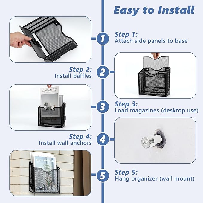 Vertical Triple File Folder Holder Magazine Holder Wall Mount & Desktop 3 Tier Vertical Desk Organizer Pocket File Holder Sorter Magazine Storage Rack For Office Home Organization Wall Door