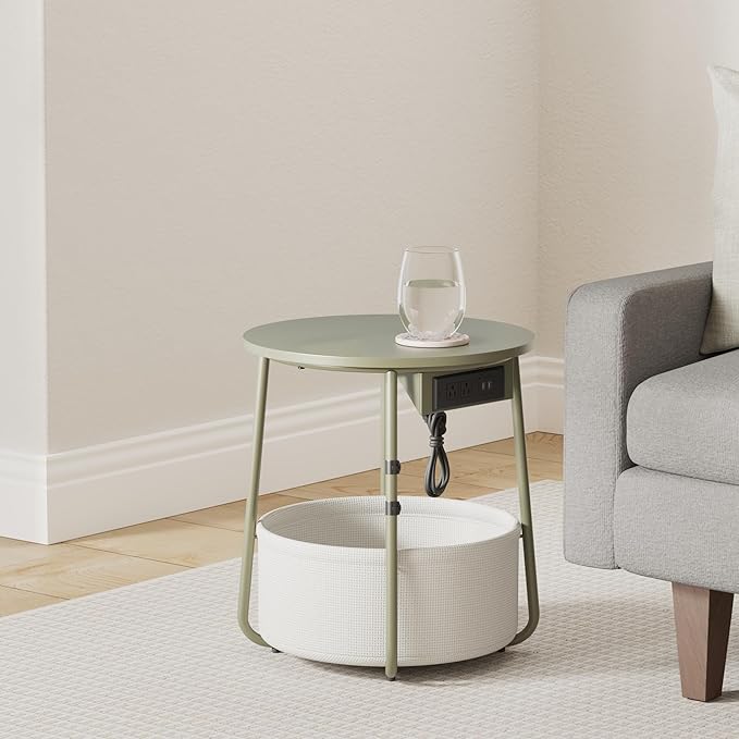 VASAGLE LILEA Collection - Side Table with Charging Station, Round End Table with Fabric Basket, Nightstand with USB Ports, for Living Room, Bedroom, Modern, Forest Green and Cream White ULET228C04