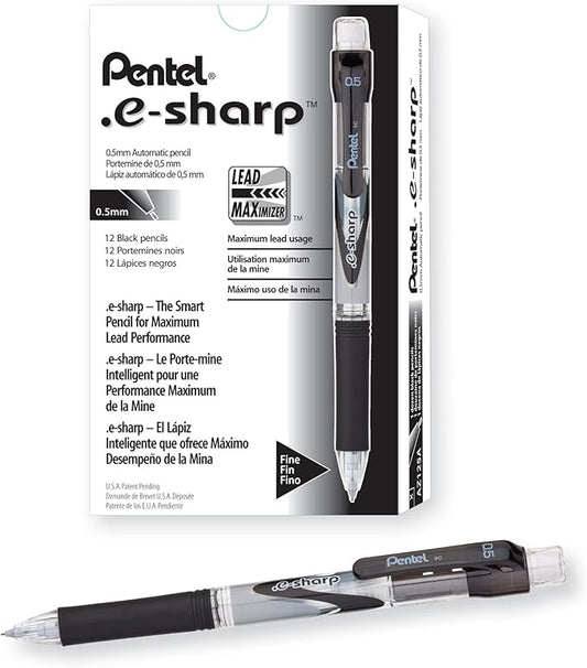 Pentel E-Sharp Mechanical Pencil, 0.50 mm, Black Barrel, Dozen Box (AZ125A)