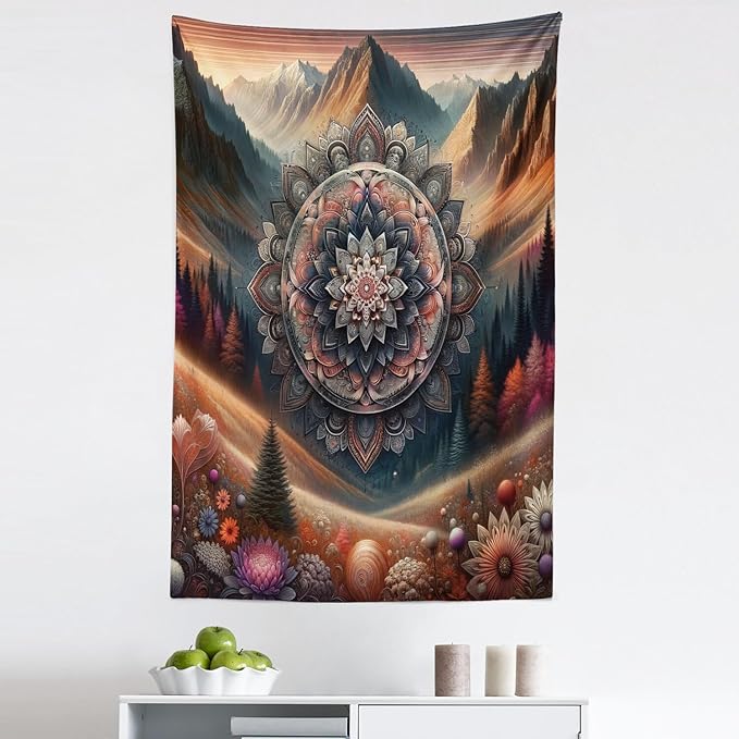 Ambesonne Hippie Tapestry, Modern Scandi Blooming Trippy Flower with Mountain Landscape Woodland, Fabric Wall Hanging Decor for Bedroom Living Room Dorm, 30" X 45", Pale Vermilion Cadet Blue