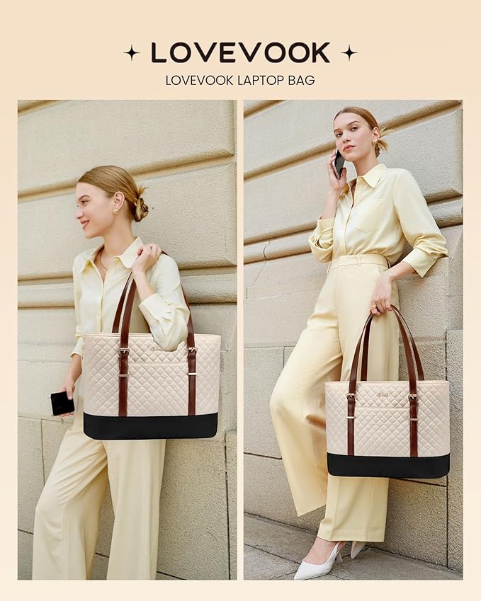 LOVEVOOK Laptop Bag for Women, Work Tote Computer Bag With Large Cup Holder, Lightweight Large Laptop Briefcase, Beige-Brown-Black, 17.3 Inch