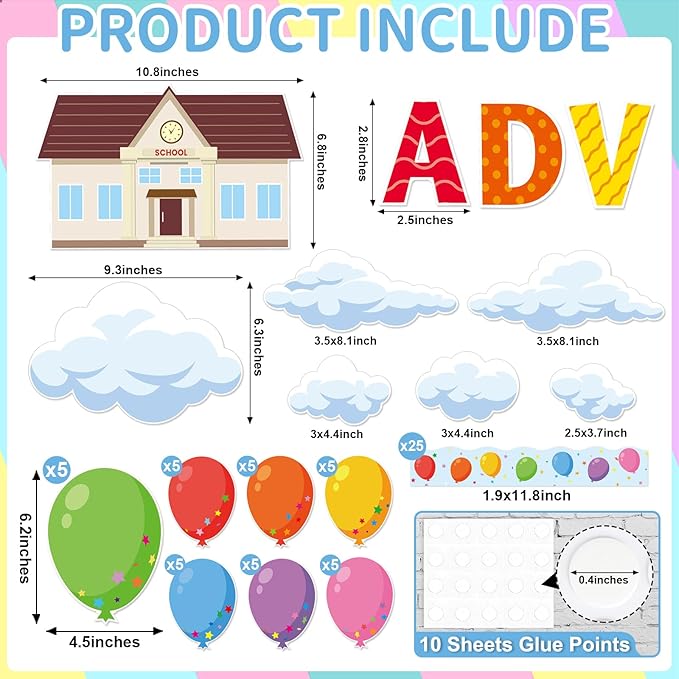 Colorful Balloon Bulletin Board Set for Classroom Mix Adventure Cloud Balloon Themed Cutouts for Back to School Supplies Name Tags Decorations for Wall Decors