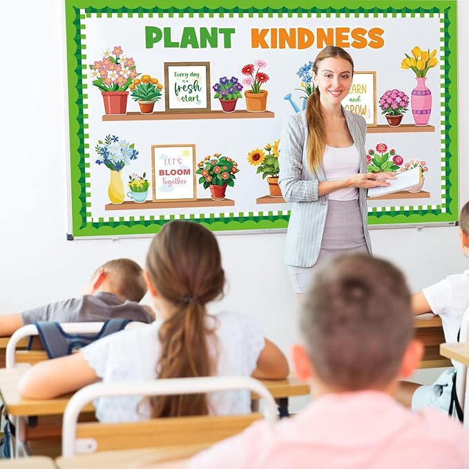 Spring Flower Bulletin Board Set, Colorful Floral Classroom Decorations Flowers Educational Poster Cutouts March April Home Library Window Wall Party Decor for Teacher(Plant Kindness)