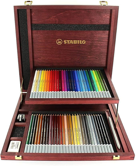 STABILO Chalk-Pastel Artist Colored Pencil CarbOthello Wooden Box of 60, Eraser, Sharpener, Blender - Watercolor Effects