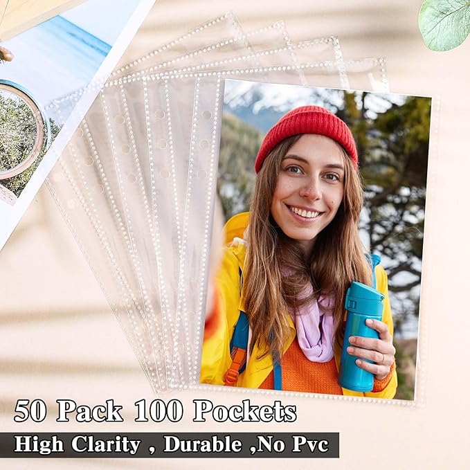 50 Pack 50 Pocket 5x7”Clear Page Protectors for A5 Binder 6 Ring Top Loading Paper Protector Sheets Binder Sleeves for Cards,Photocards,Postcards,Pictures,Stickers,and Cash Organizer(50)