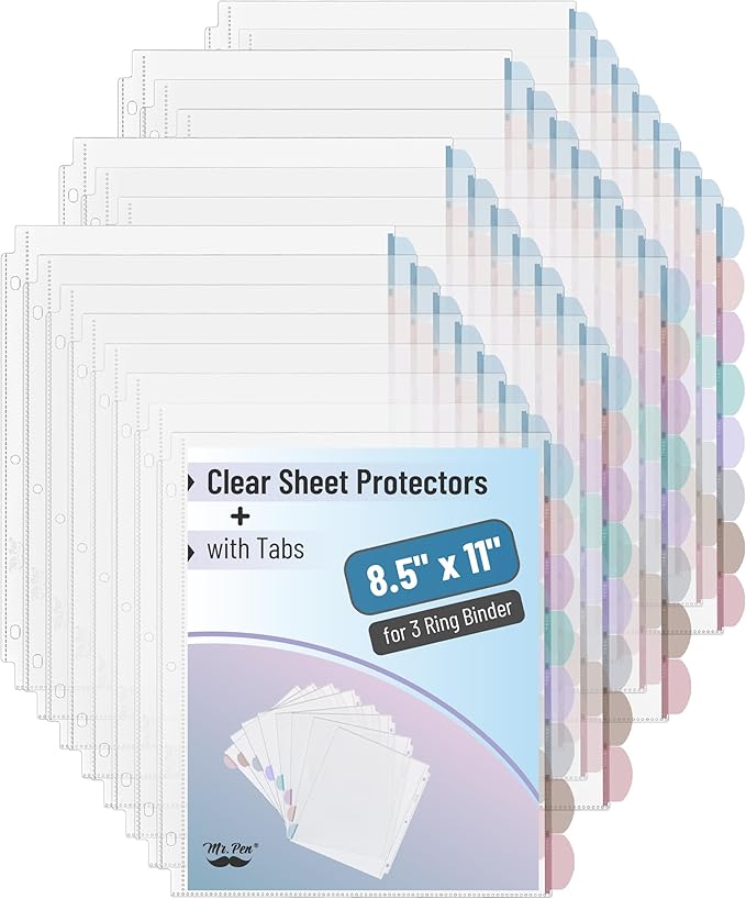 Mr. Pen- Clear Sheet Protectors with Tabs, 8 Tabs, 32 Sets, Clear Plastic Dividers for 3 Ring Binder, Insertable Index Page Divider Multicolor Tabs Bulk