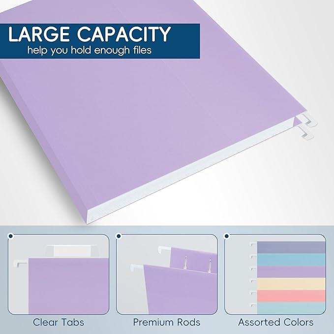 Light Purple Hanging File Folders,25 Pack Letter Size File Folders with 1/5-cut Tabs,Office Essentials for Filing Cabinet & Desk Storage