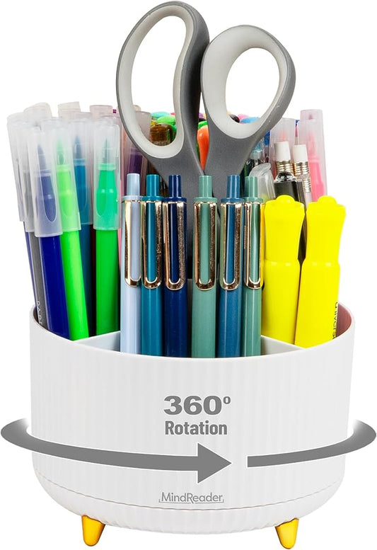 Mind Reader Rotating Pen Cup, Accessory Holder, Desktop Organization, Office, Plastic, 5.75" L x 5.75" W x 4.75" H, White