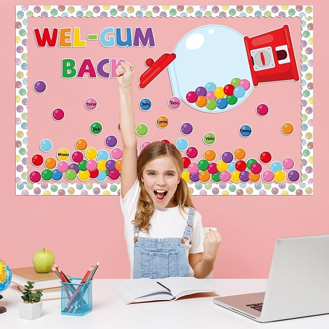 Colorful Bubble Gumball Bulletin Board Classroom Decorations Welcome Back to School Bulletin Board Gumball Machine WEL-Gum Candy Themed Classroom Motivational Cutouts for School Wall Decals Decor