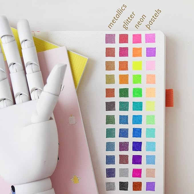 Primrosia 48 Gel Pens, inc. Metallic, Pastel, Glitter & Flourescent for Adult Coloring Book & Dot Grid Journal Pens. No-Bleed-Through in a Variety of Shades, 7.5x More Ink Fine Point Markers Set
