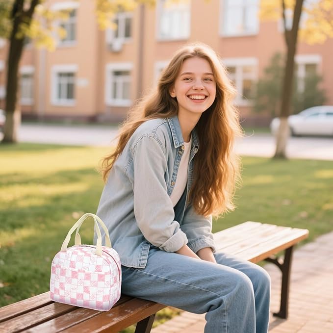 School Backpack for Girls, 3PCS Bookbags Set with Lunch Box Pencil Pouch Elementary Middle School Bag Laptop Back Packs (Cat Checkered Pink)