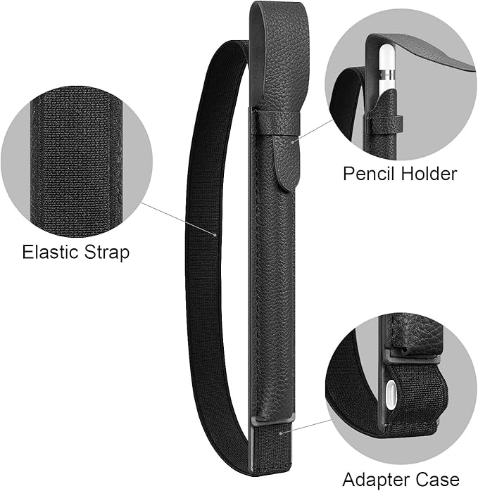 Fintie Pen Holder with USB Adapter Pocket for Apple Pencil Pro, Apple Pencil (USB-C / 1st / 2nd Generation), Elastic Vegan Leather Sleeve Pouch Compatible with iPad Case, Black