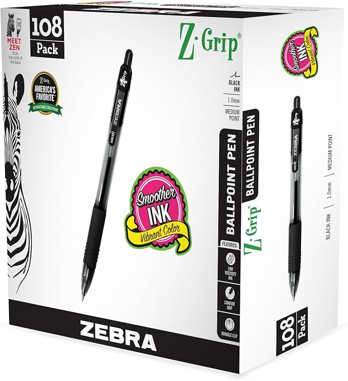 Zebra Pen Z-Grip Retractable Ballpoint Pen, Smooth-Flowing Black Ink, 1.0mm Medium, School & Office Supplies, Ideal for Note-Taking, Journal and Planner Use, 108-Pack (22108)
