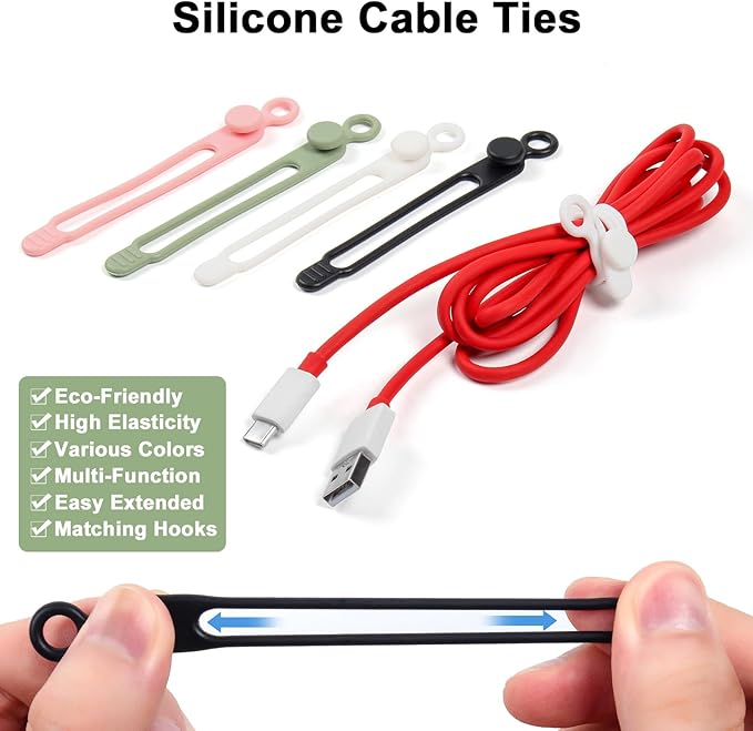 OneLeaf 48Pcs Silicone Cable Ties, Elastic Cord Ties for Cable Organizer, Reusable Wire Management, Cord Organizer Essentials, Multipurpose Cable Management for Travel/Portable/Office/Home Desk