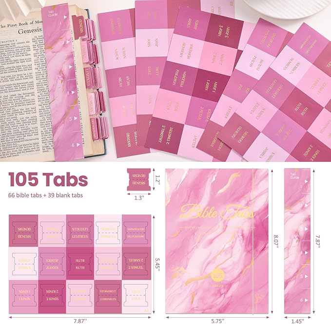 Laminated Bible Tabs, Gold Foil Embossed Lettering Bible Chapter Index Tabs for Women Men, Reposition Large Print Sticky Labels, Easy to Read and Apply, 105Chapters Labels for Easy Navigation (Pink)