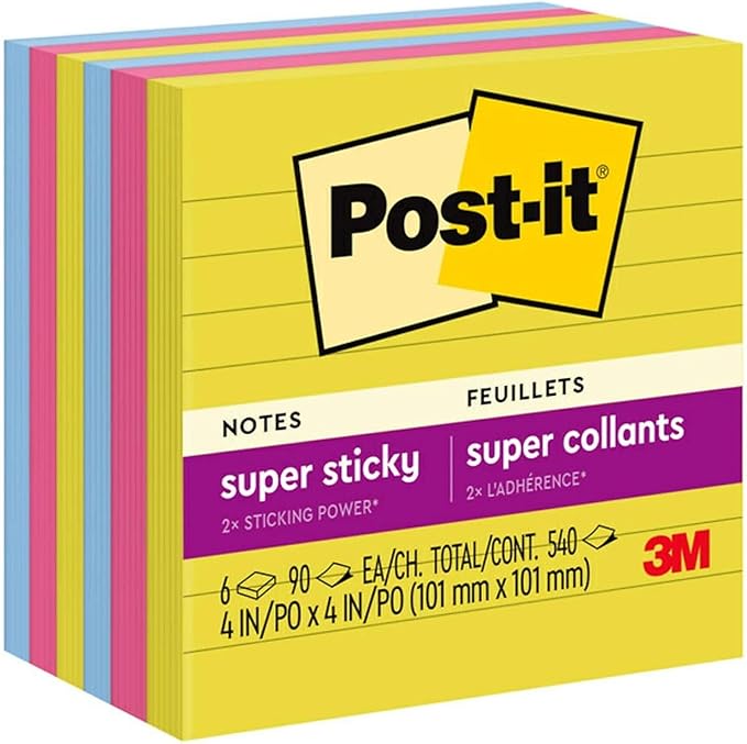 Post-it® Super Sticky Notes, 6 Pads, 4 in x 4 in, 2x the Sticking Power, School Supplies and Office Products, Sticky Notes - 6756SSJOY