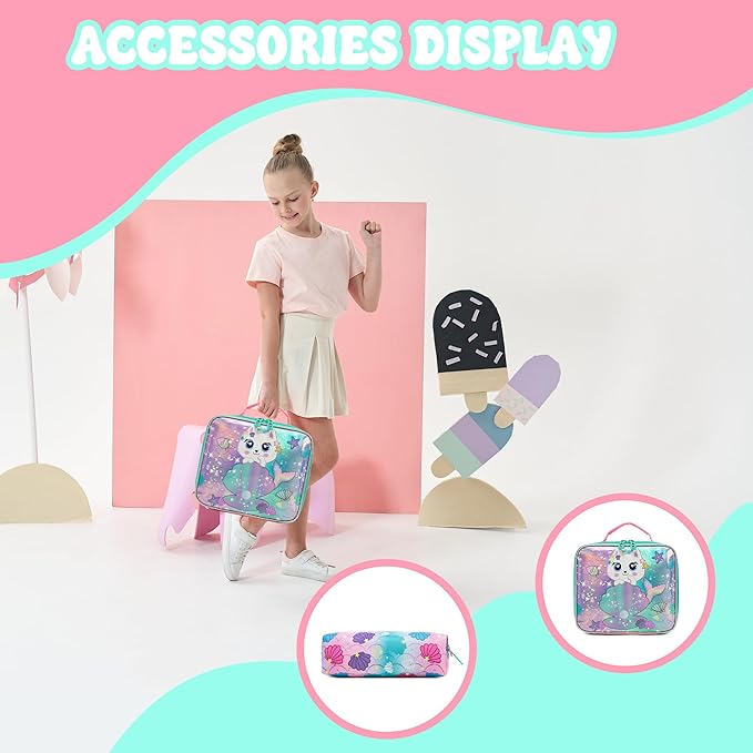 School Backpack for Girls 8-12 Backpacks for Girls Backpack with Lunch Box Kids Bookbag for School Aesthetic Backpacks for Elementary Middle Pink Schoolbag for Girl