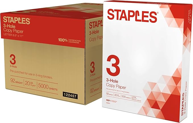 Staples Copy Paper, 8 1/2" x 11", 3 Hole Punched, Case, For Office, School & Home