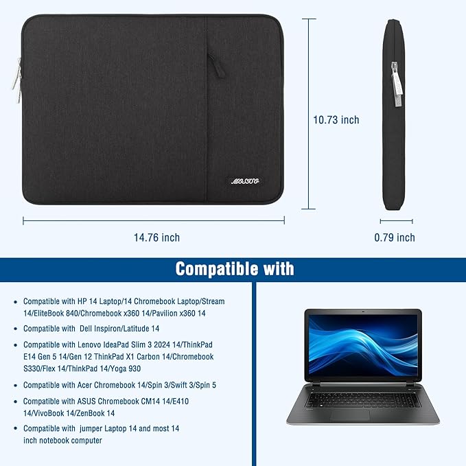 MOSISO Laptop Case 14 inch, 14 inch Laptop Sleeve Compatible with HP Lenovo Dell ASUS Acer, HP Stream, Dell Latitude, Lenovo IdeaPad, Polyester Vertical Computer Sleeve Bag with Pocket, Black