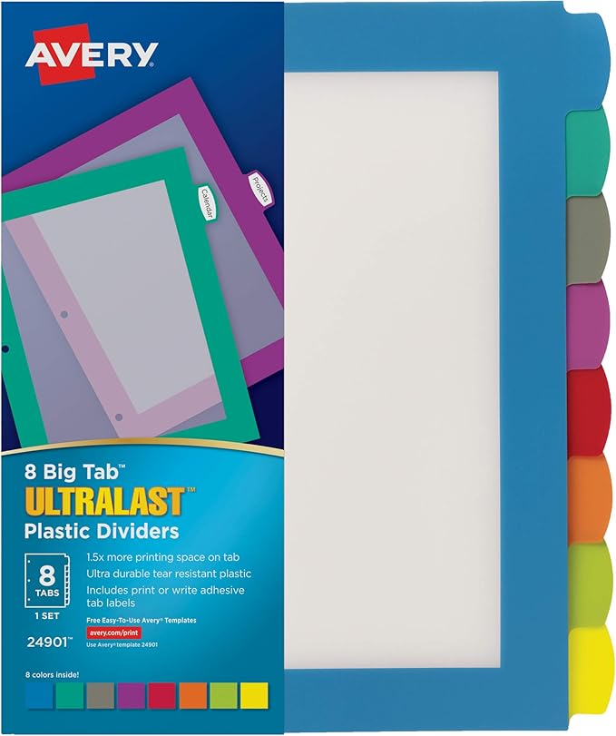 Avery Ultralast Big Tab Plastic Dividers for 3 Ring Binders, 8-Tab Set, Multicolor with White Labels, 1 Set (24901)