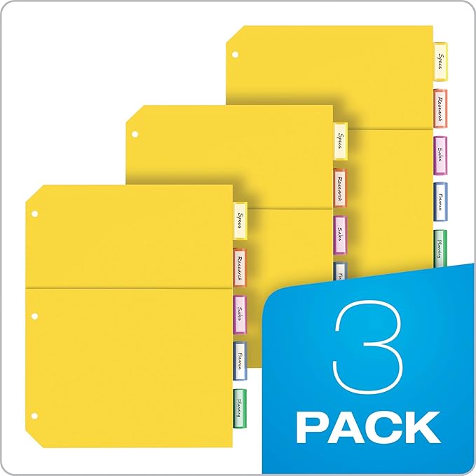 Oxford Plastic 2 Pocket Binder Dividers, 5 Tab 1/5 Cut, Multicolor Large Tab Set, Insertable Dividers with Paper Inserts, Letter Size, 3 Sets (89602)