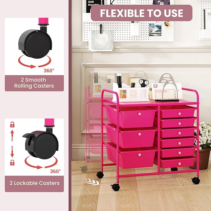 COSTWAY Rolling Storage Cart with 9 Drawer, Mobile Utility Cart with Metal Frame, Art Supply Craft Organizer, Multipurpose Storage Organizer for Paper, Office, School Teacher, Classroom, Hot Pink