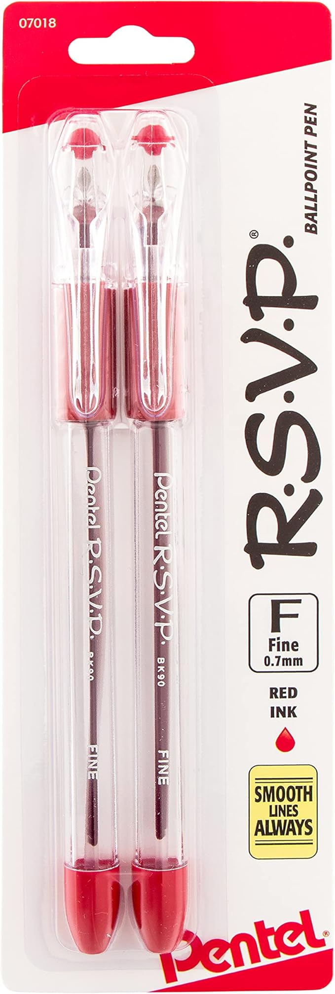 Pentel RSVP Ballpoint Pen, Fine Line, (0.7mm), Red Ink (BK90BP2B) (Pack of 1, 2 Count Total)