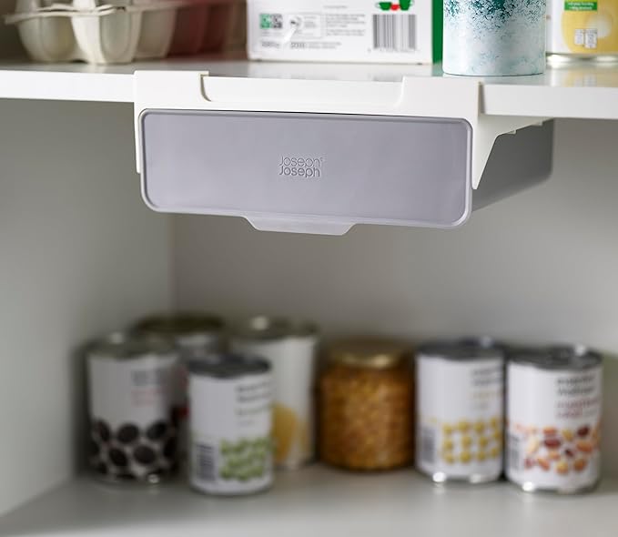 Joseph Joseph CupboardStore Under Shelf Drawer Kitchen Cabinet Storage Organizer, Space Saving, Gray/ White