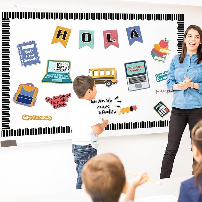 55 Pcs Spanish Back to School Classroom Bulletin Board Sets Colorful Pencil Notebook Schoolbag Paper Cutouts First Day of Bulletin Board Decor for School Chalkboard Wall Door Decor Supplies