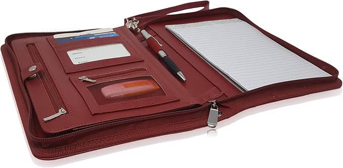 Zippered Portfolio Binder with Junior Legal 5x8 Notepad - Burgundy PU Faux Leather Business Padfolio Organizer Folder with 8 Inch Tablet Sleeve & Gift Box by Lautus Designs