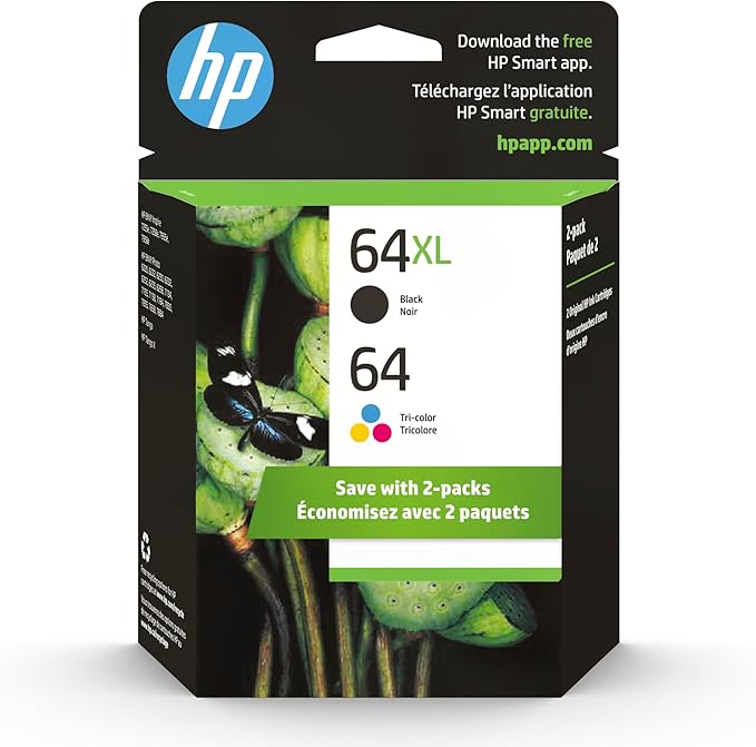 HP Original 64 Tri-Color / 64XL Black Ink Cartridges (2-pk) | Works Envy Inspire 7250e, 7950e Series Envy Photo 6200, 7100, 7800 Series
