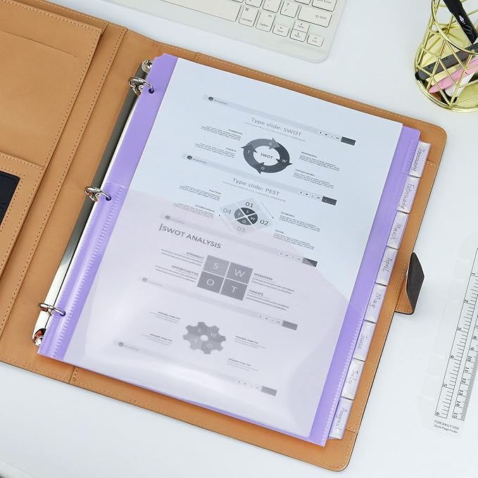 Koqye Binder Dividers with Pockets - 8 Plastic Dividers for 3 Ring Binders - A4 Bividers with Pocket & Tabs for Planners (Purple - 1 Pack)