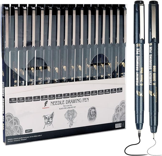 Micro Fineliner Drawing Art Pens Calligraphy Pens for Artist Drawing Supplies, 16 Set Waterproof Black Ink Pens for Sketching,Outline,Stippling
